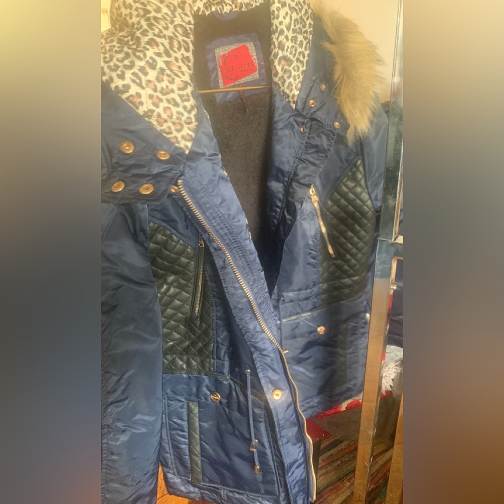 Celsius blue black animal print coat 2x nwt